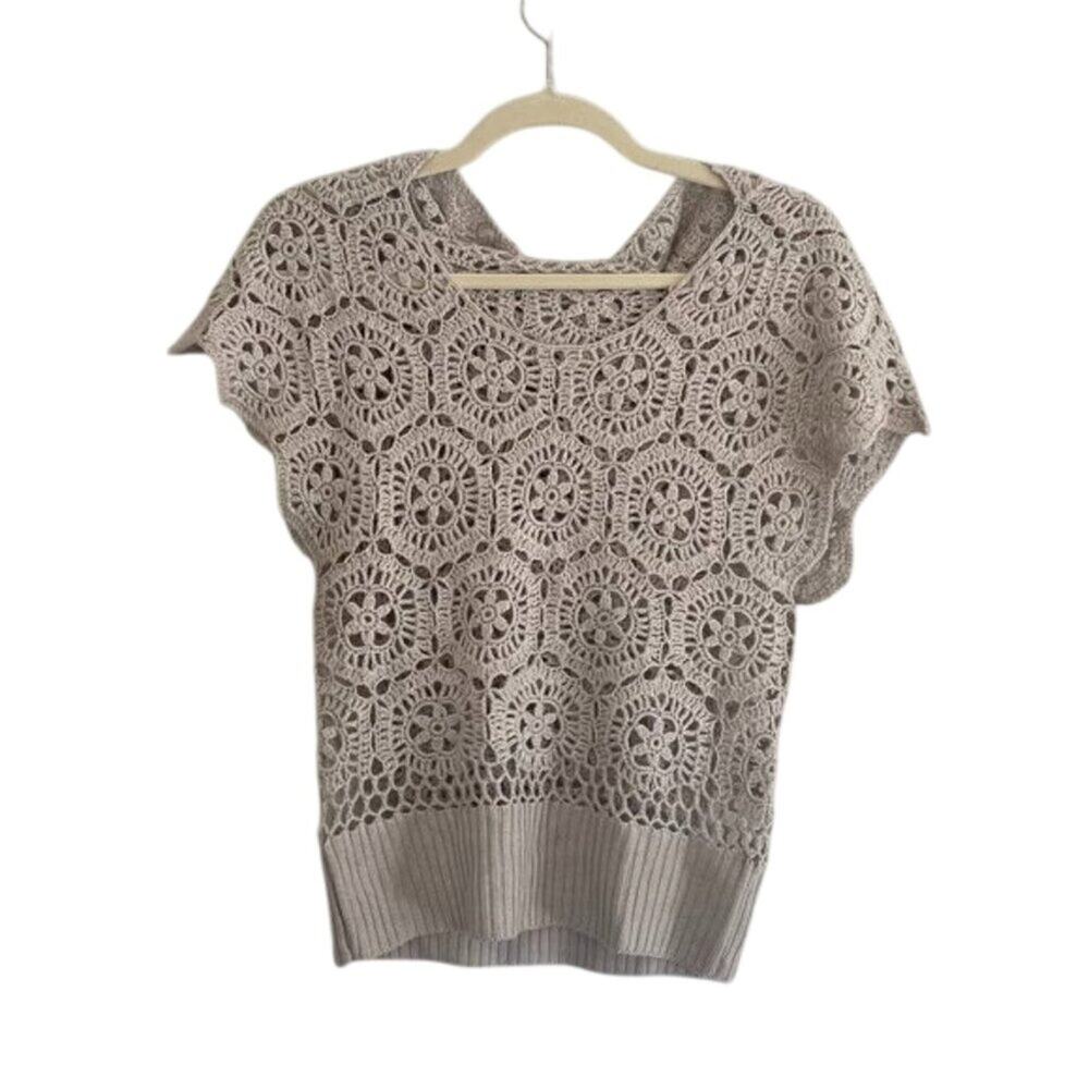 Tan Short Sleeve Crochet Hoodie Y2K Boho, Hollow Out Knit, S